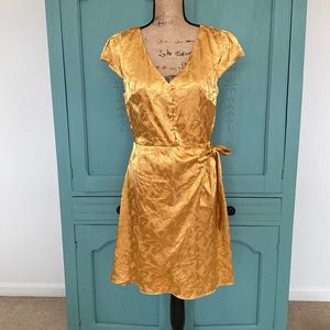 Lulus Gold Floral Dress. Medium. Faux Wrap with left tie.